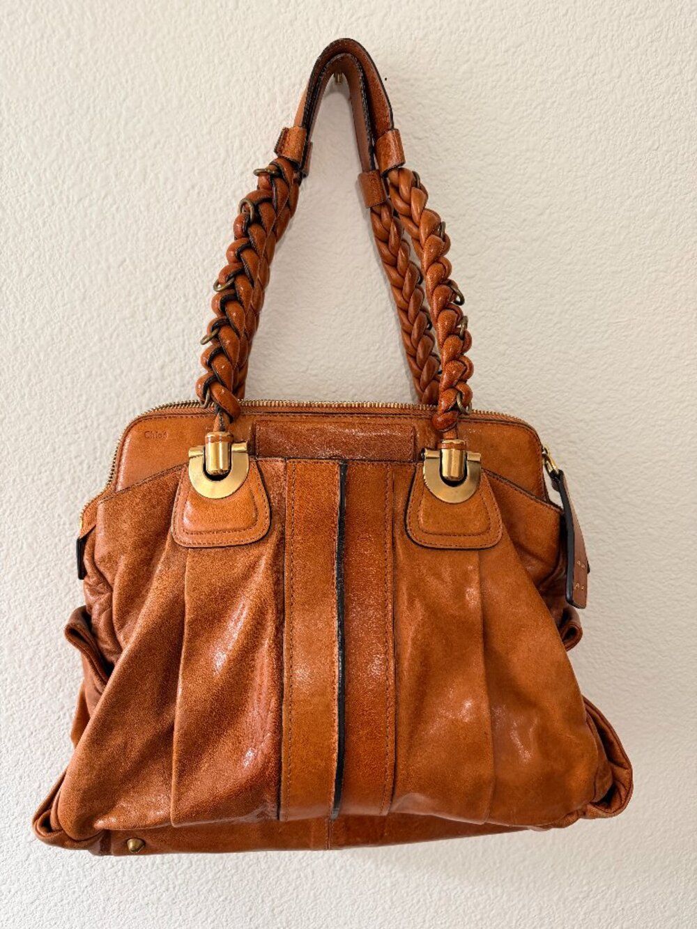 Chloe Heloise Cognac Leather Braided Handle Satchel Bag